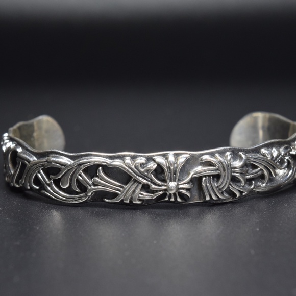 Sterling Silver Chrome Cross Flower Vine 925 Adjustable Bangle Cuff Bracelet - Picture 3 of 6